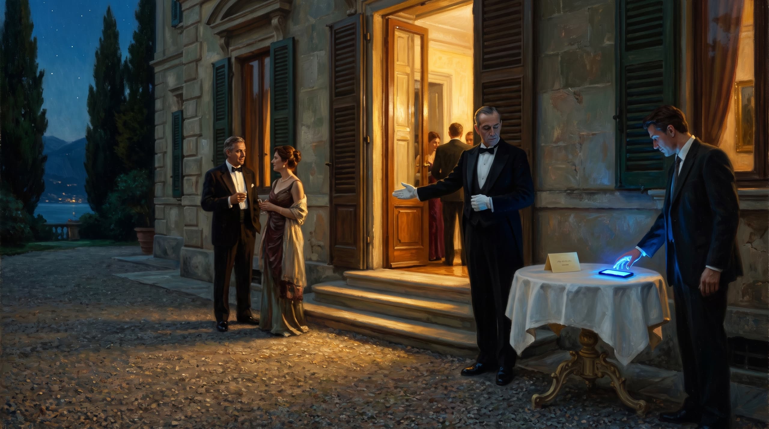 Oil painting of a villa doorway at dusk, a butler welcoming guests in.