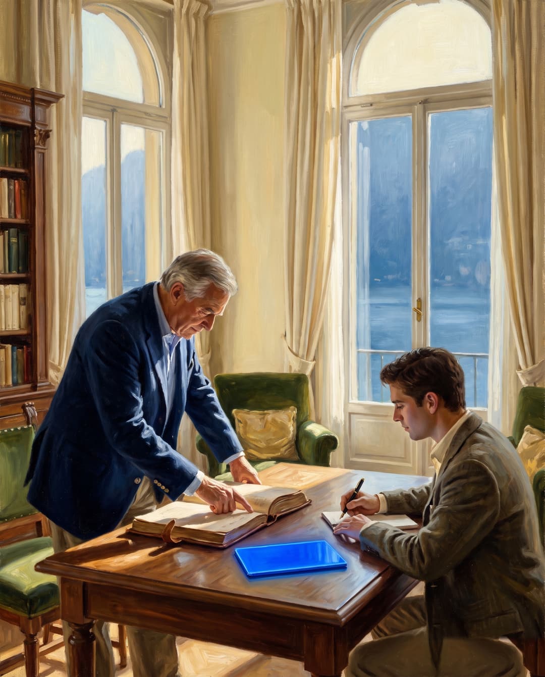 Oil painting of a mentor pointing at an open folio while the founder takes notes, a glowing tablet on the desk.