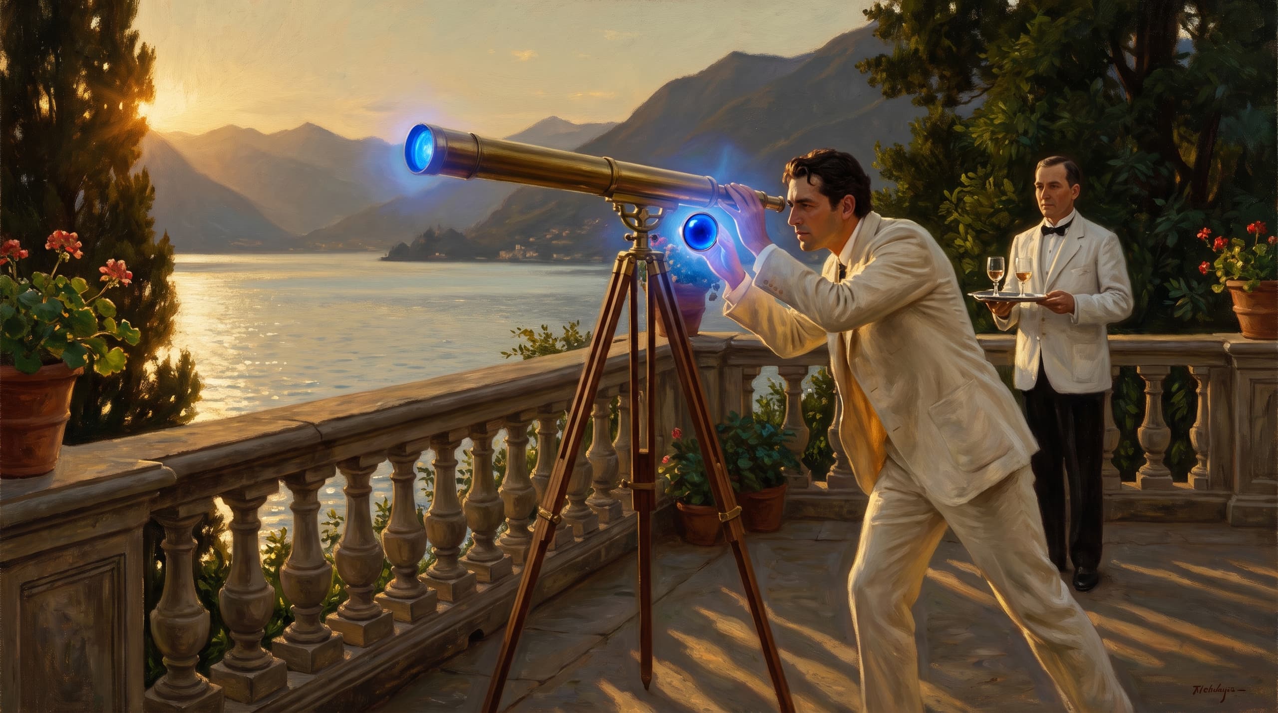 Oil painting of the founder looking through a brass telescope over Lake Como at golden hour.