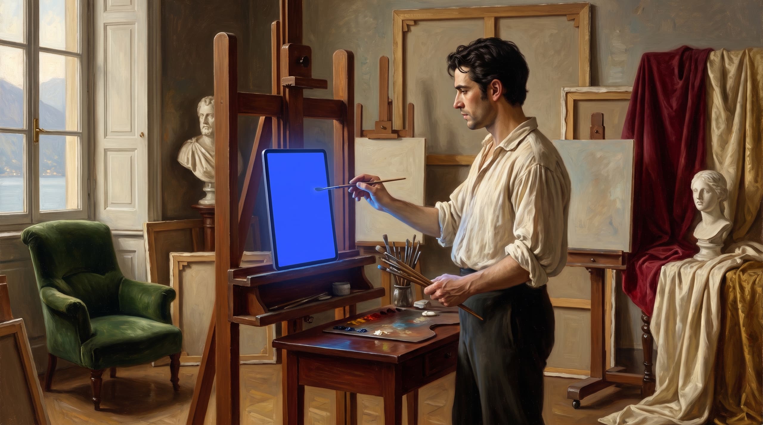 Oil painting of the founder at an easel in a sunlit atelier, painting on a glowing tablet.
