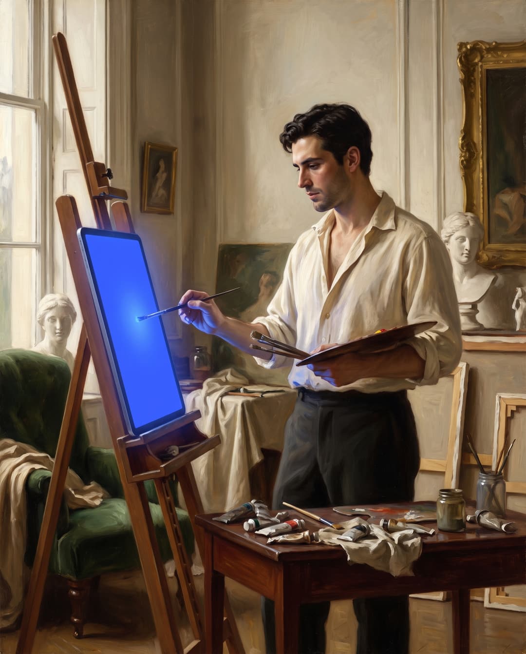Oil painting of the founder at an easel in a sunlit atelier, painting on a glowing tablet.