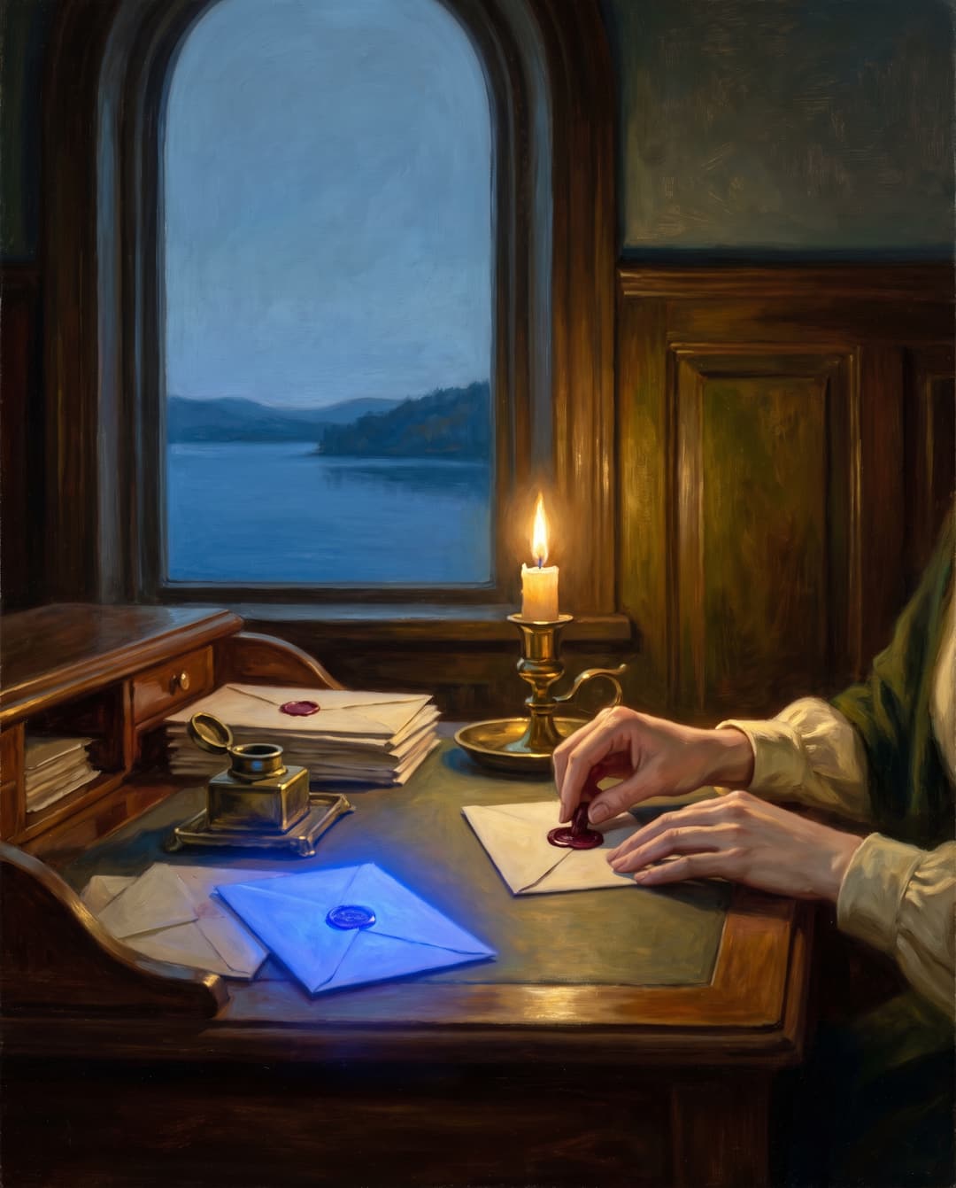 Oil painting of hands sealing a letter with wax at dusk, one envelope glowing blue.