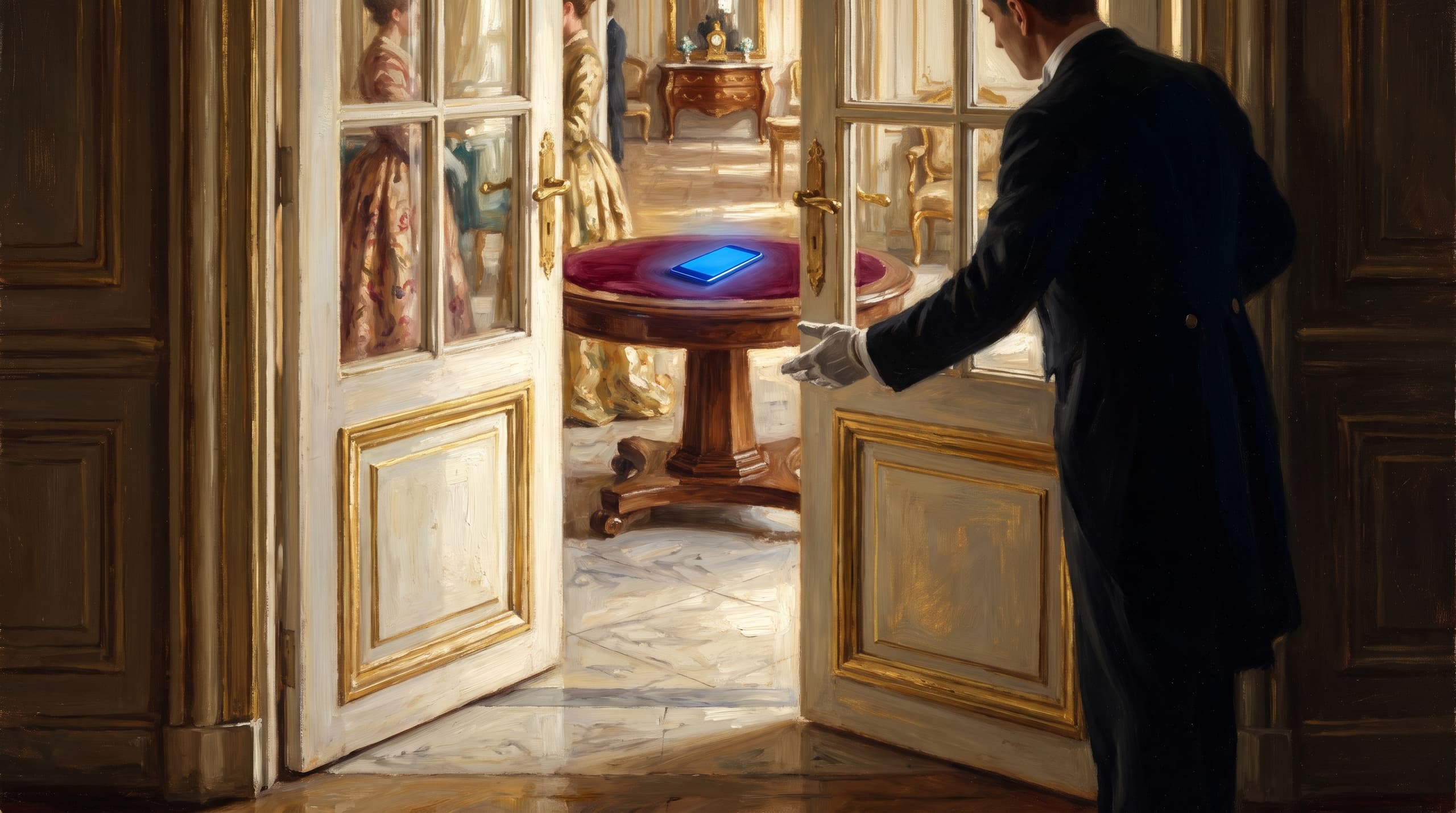 Oil painting of a butler opening tall doors onto a salon, a glowing phone on a velvet table.