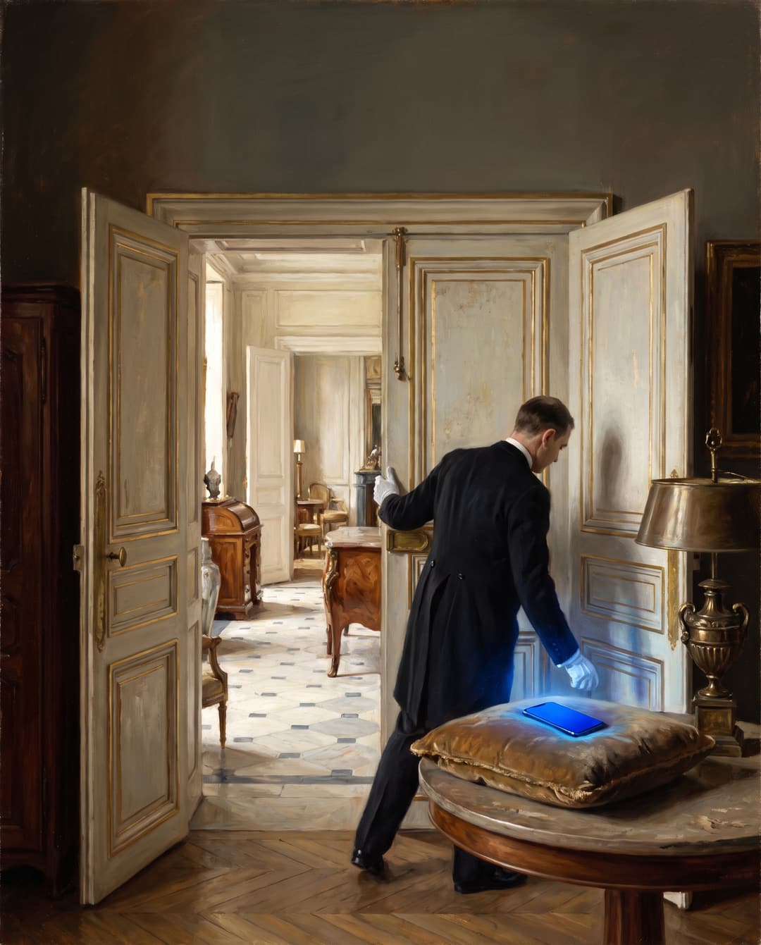 Oil painting of a butler opening tall doors onto a salon, a glowing phone on a velvet table.