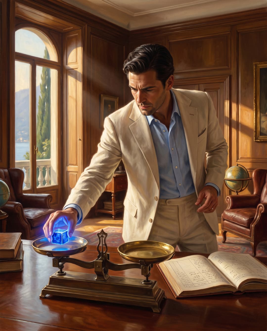 Oil painting of the founder setting a glowing weight on a brass balance scale.