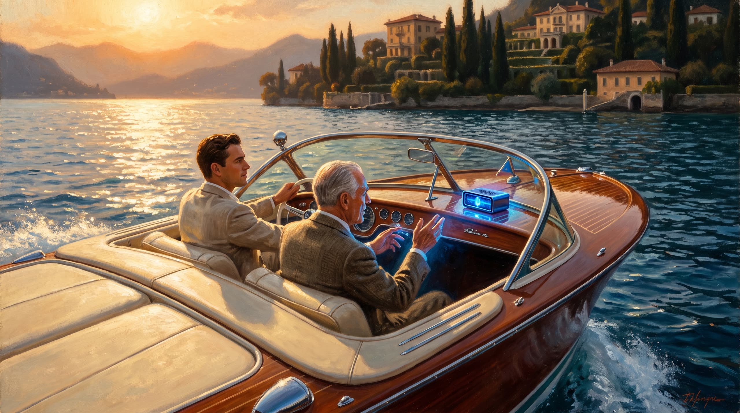 Oil painting of a mahogany speedboat crossing Lake Como at sunset, the founder at the wheel.