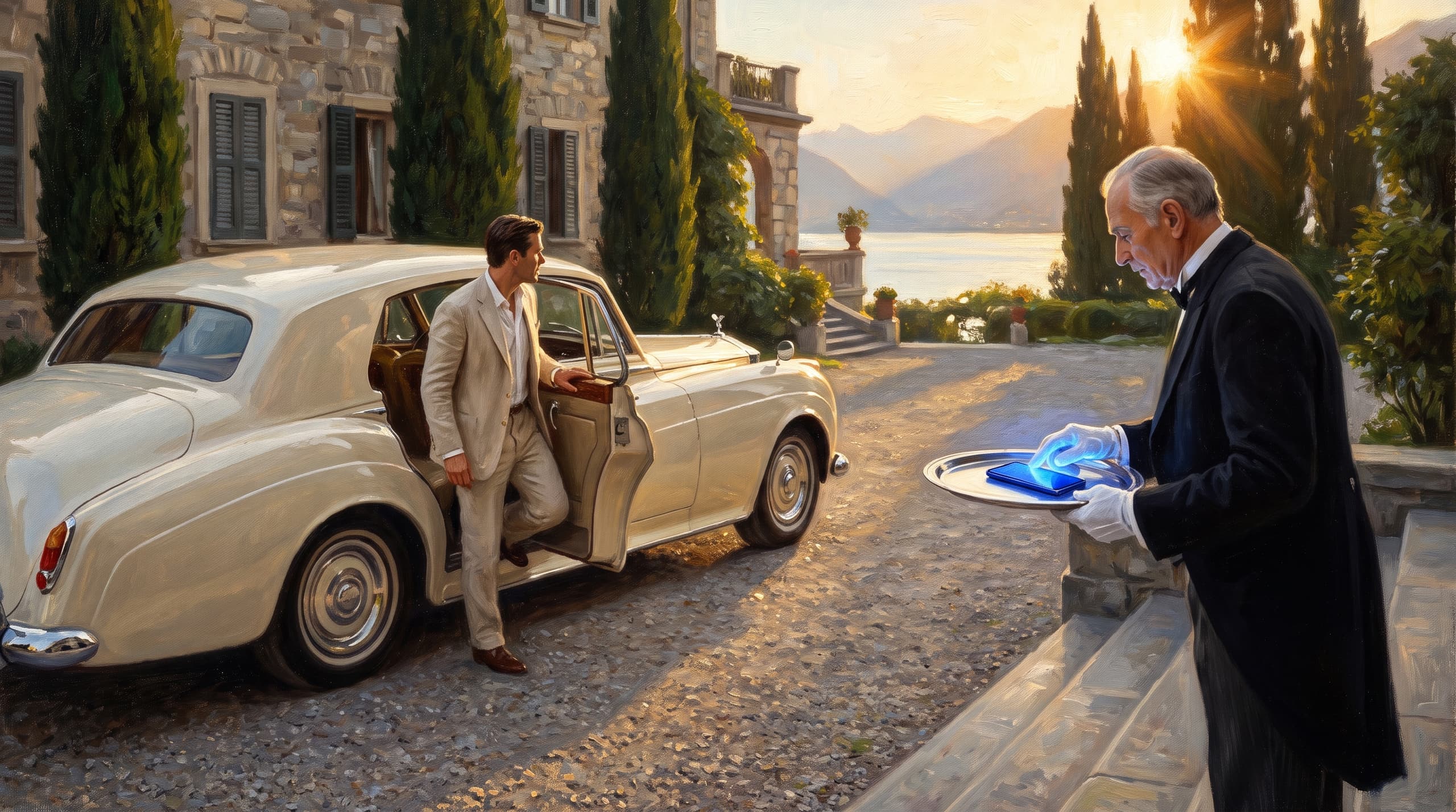 Oil painting of a villa above Lake Como at golden hour, a man stepping out of a vintage Rolls-Royce while a butler waits with a glowing phone on a silver tray.